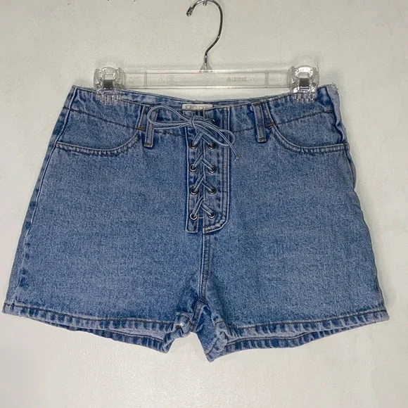 MODA INTL Vintage Y2K Lace Up Tie Side Zipper 100% Cotton Denim Shorts Size 27 - Picture 10 of 14